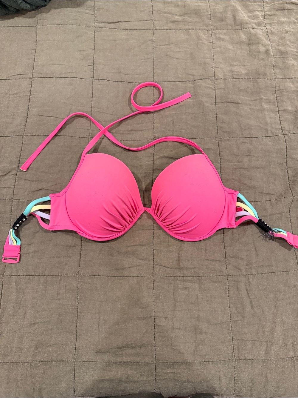 Victora Secret Hot Pink Push-Up Bikini Top w/ Multicolor Side Straps (Circa ‘13)